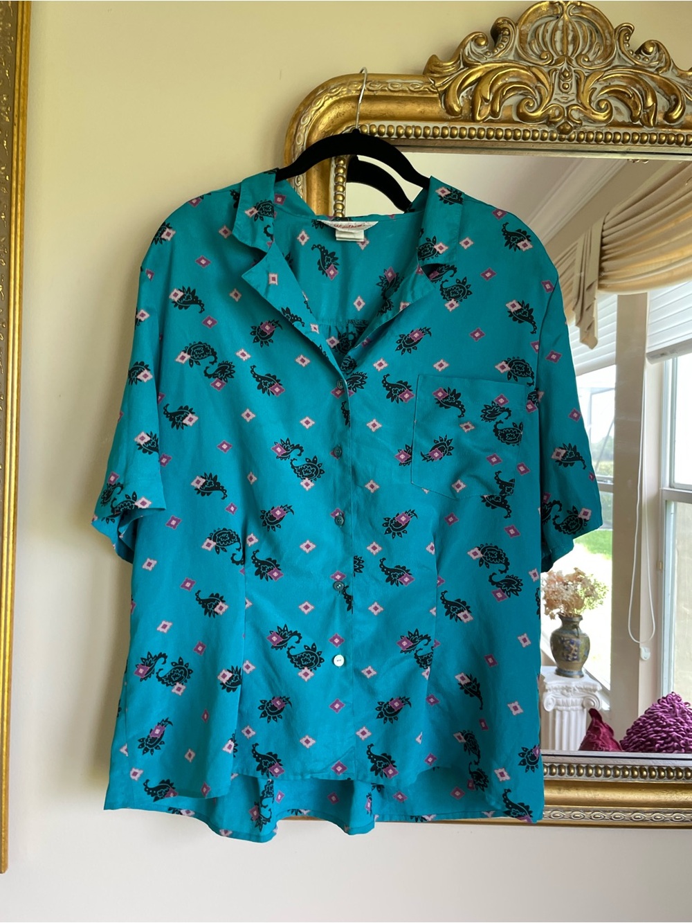 Turquoise Short-Sleeve Printed Button-Down Shirt